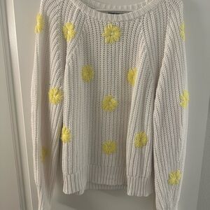 Aqua Cream and Yellow Crew Neck Sweater with Floral Accents